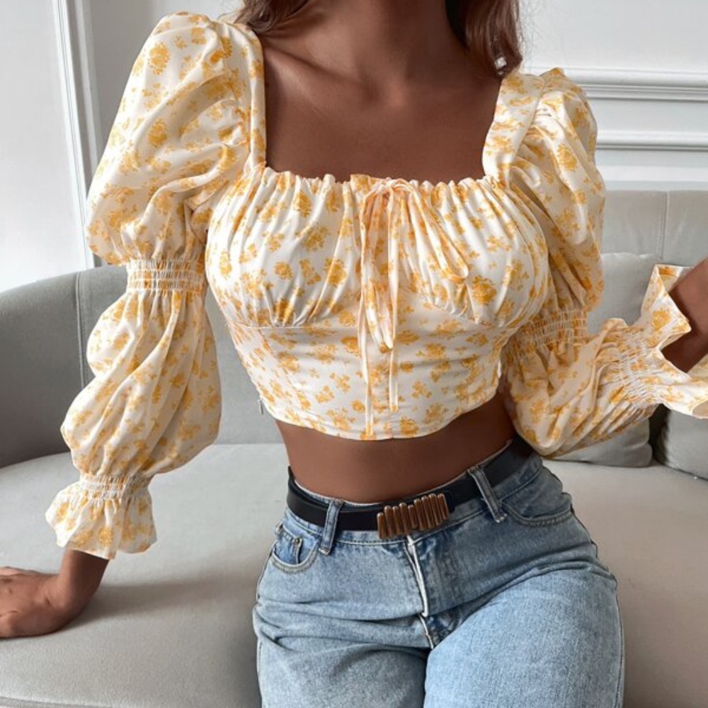 Boho Blue Floral Print Puff Sleeve Crop Top - Picture 2 of 8